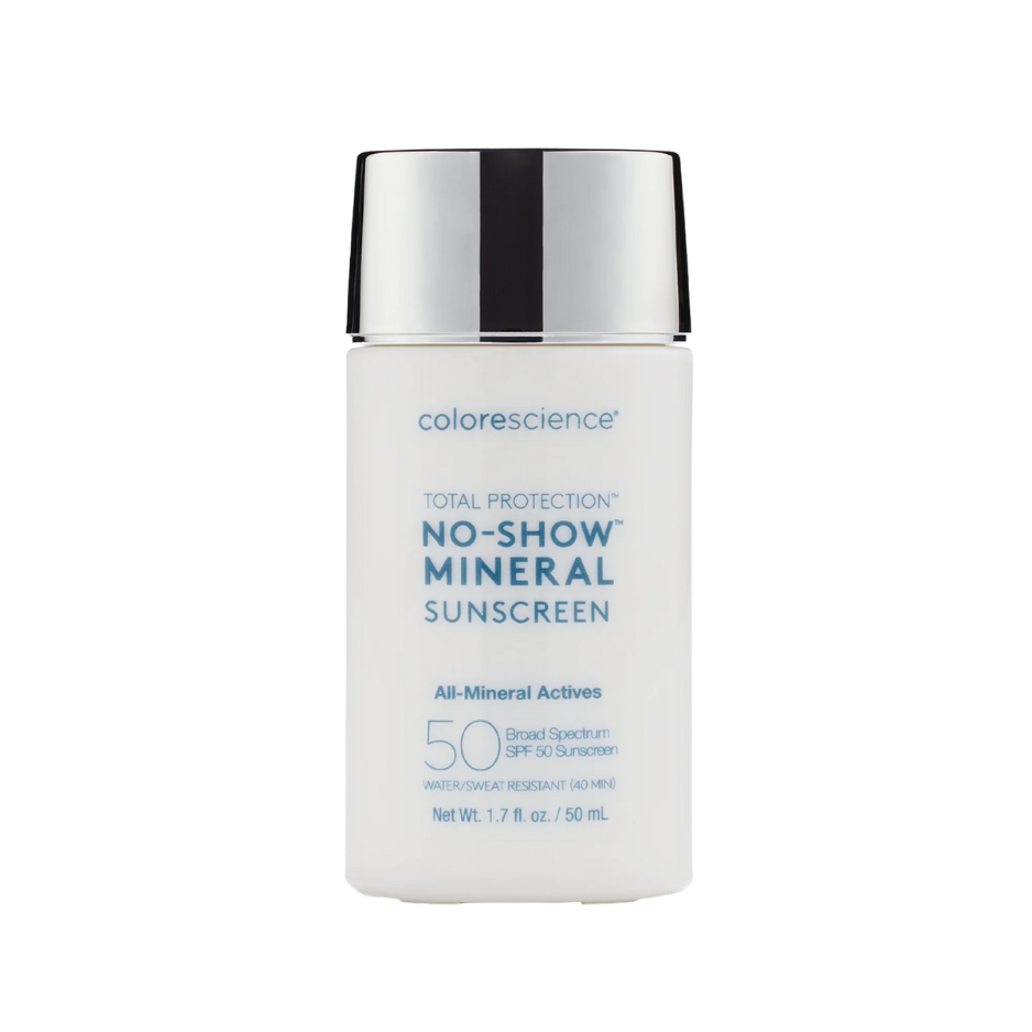 A bottle of Colorescience Total Protection No-Show Mineral Sunscreen SPF 50.