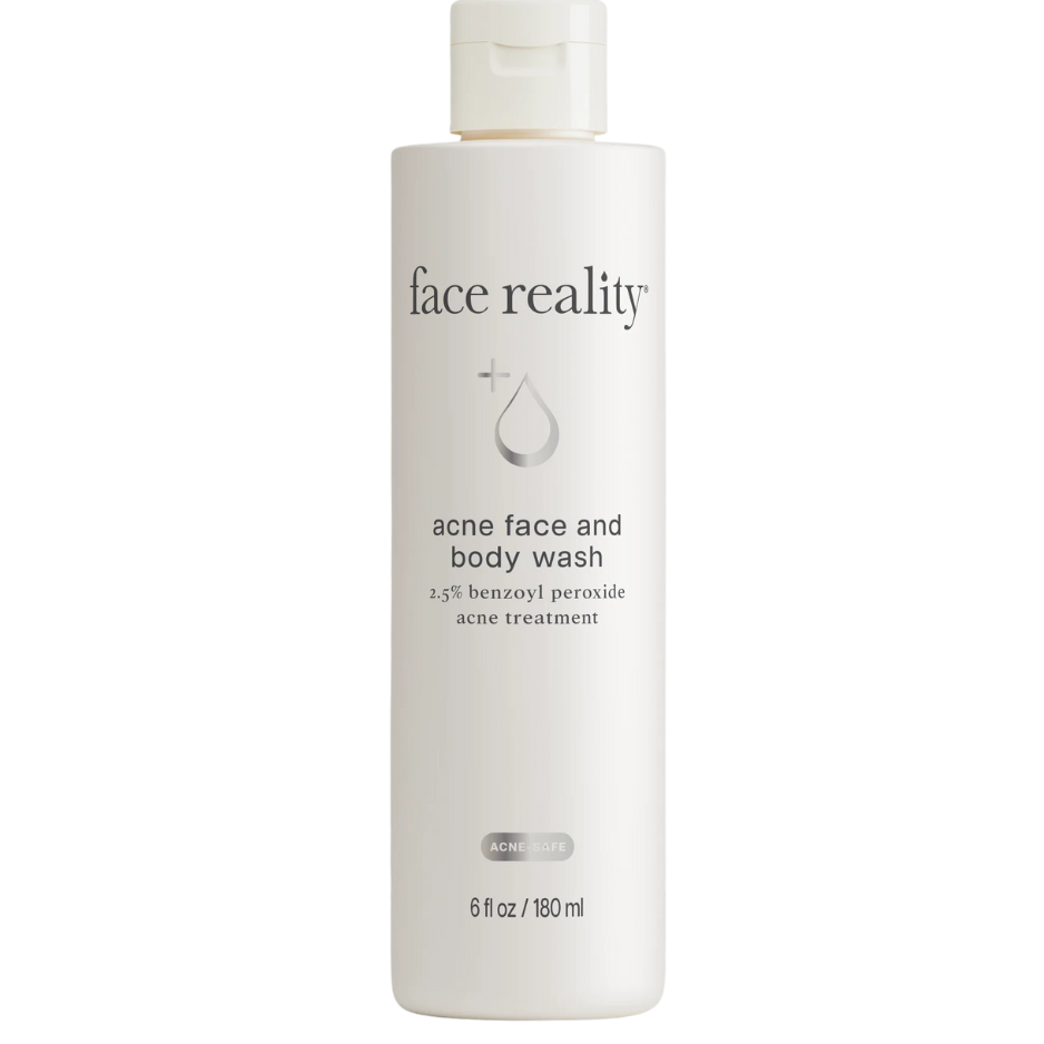 A bottle of Face Reality Acne Face and Body Wash with 1.5% benzoyl peroxide.