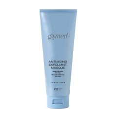 A tube of glymed+ Anti-Aging Exfoliant Mask with a blue label and cap.