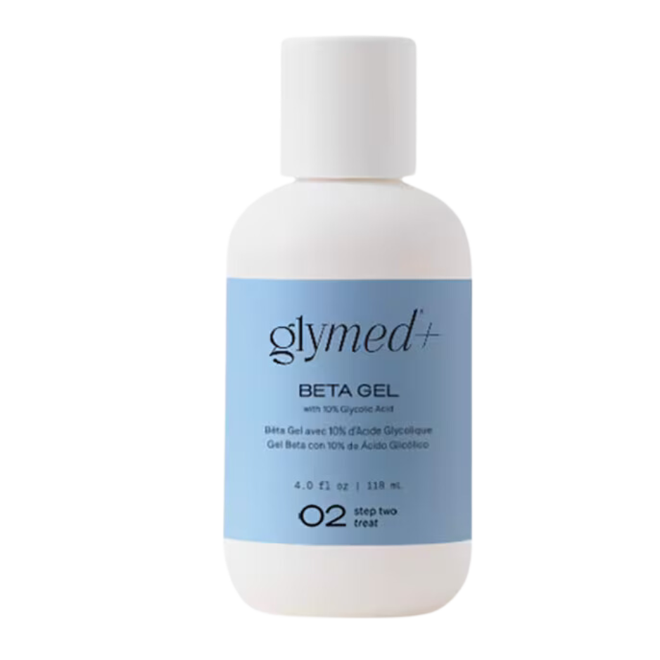 A bottle of GlyMed Plus Beta Gel, a lightweight moisturizing fluid.
