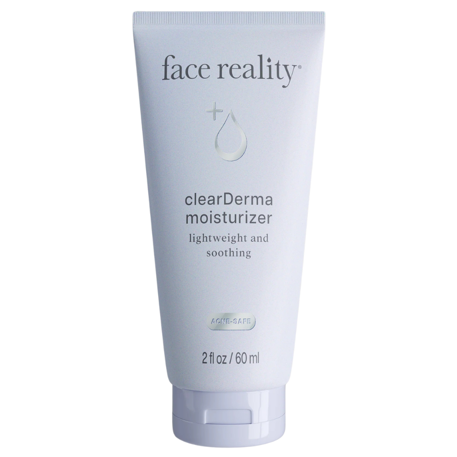 A tube of Clearderma moisturizer by Face Reality, with white background.