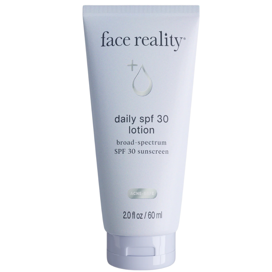 A tube of Face Reality Daily SPF 30 Lotion with broad-spectrum SPF 30 sunscreen, 2.0 fl oz / 60 ml.