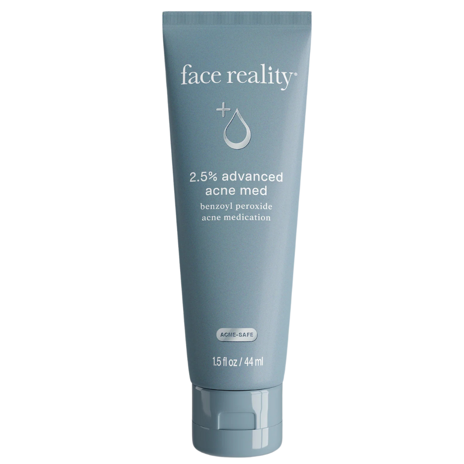 A tube of Face Reality 2.5% Advanced Acne Med gel medication.