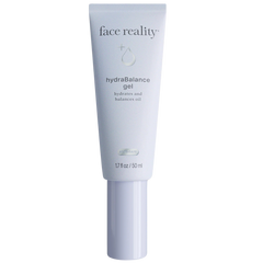 A tube of Hydrabalance Gel by Face Reality with white and green labeling, indicating it is a hydrating skincare product.