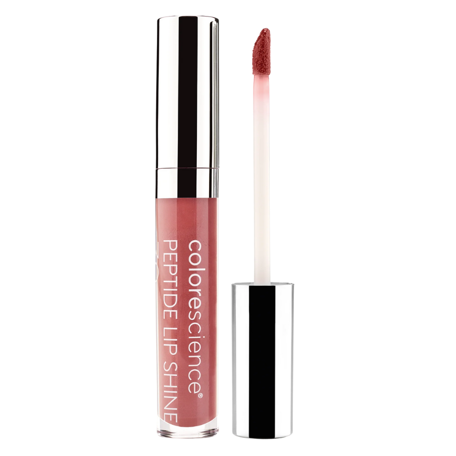 Colorescience Peptide Lip Shine with applicator on a white background SHADE CORAL