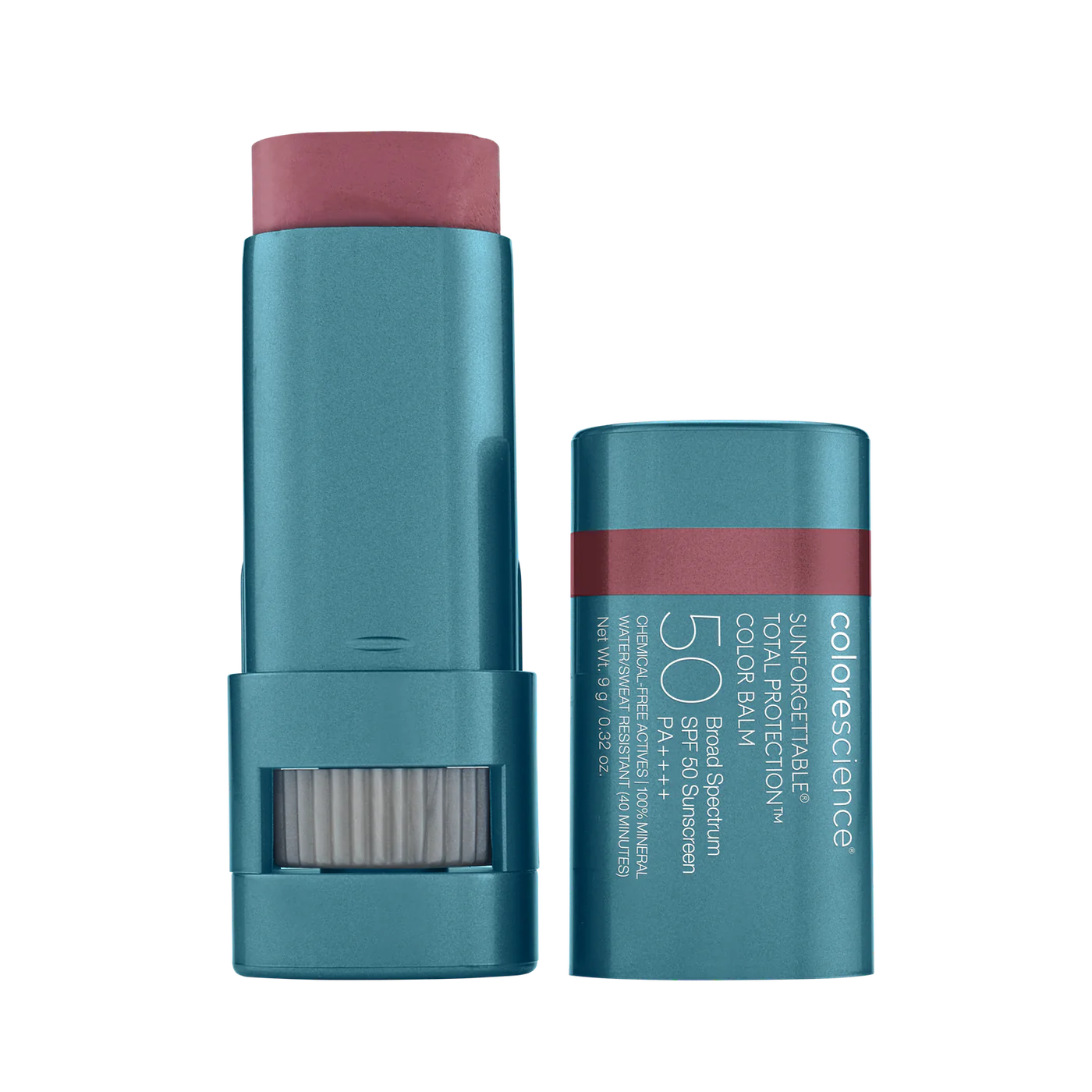 A stick of Sunforgettable Total Protection Color Balm SPF 50 with the cap off, showing the balm stick with a raspberry color shade.