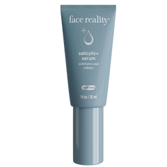 A tube of Face Reality Salicylic+ Serum with exfoliating and brightening properties, suitable for all skin types.