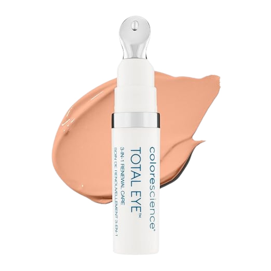 A pump bottle of Total Eye 3-in-1 Renewal Therapy SPF 35 with a swatch of the beige-colored cream next to it.
